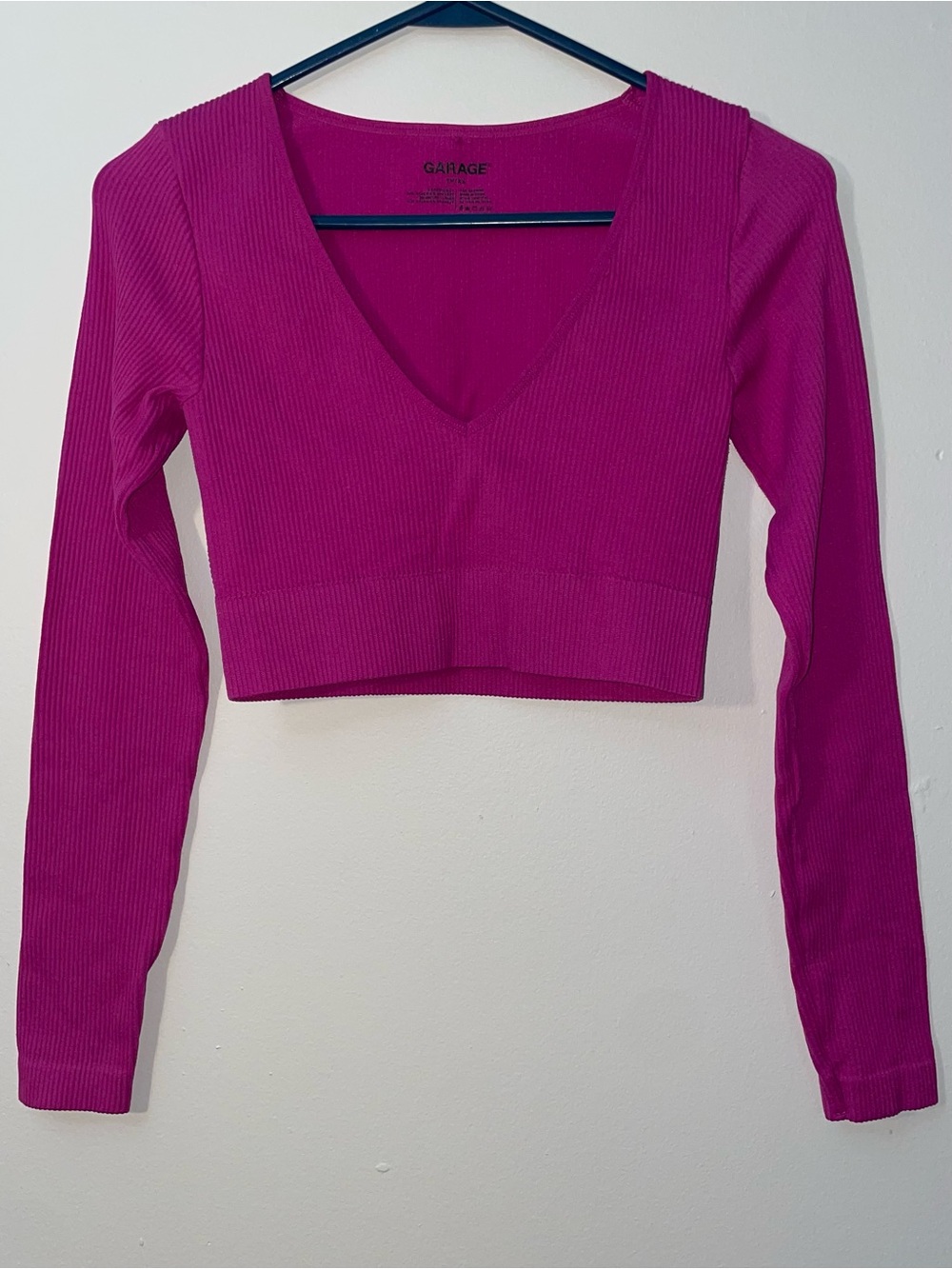 Garage Women’s Fuchsia Ribbed Deep V-Neck Long Sleeve Crop Top